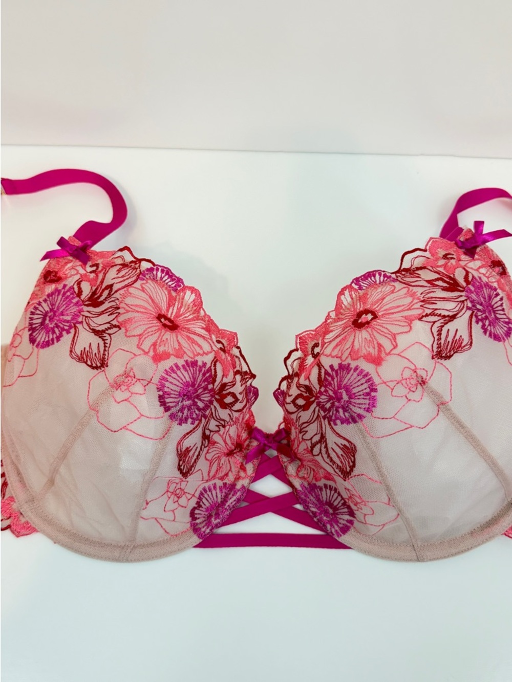 Cacique Nude and Hot Pink Floral Embroidered Underwire Bra & Bikini - Picture 9 of 13